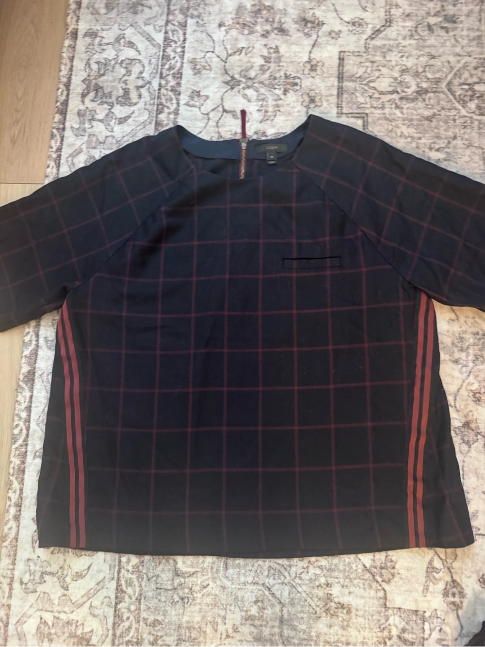 J. Crew Black Short-Sleeve Windowpane Shirt with Burgundy Stripes